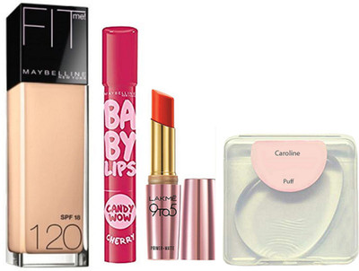 

caroline Silicon Puff, Maybelline Baby Lips Lip Balm & Lakme 9to5 Primer Matte Lipstick&Foundation(Set of 4)