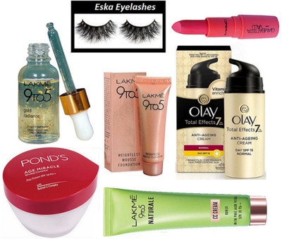 

eska Eyelashes,Lakme 9 To 5 Mossue Foundation,9 To 5 Naturale CC Cream,9to5 Gold radiance serum,Mac Giambattista valli Matte FInish Lipstick,Olay Total Effects 7 In One Anti-Ageing Cream ,Ponds Age Miracle Wrinkle Corrector(Set of 7)