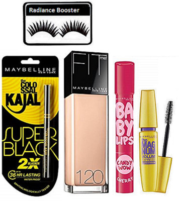 

radiance booster Eyelashes & Maybelline The Magnum Volume Express Mascara & Baby Lip Balm & Super Black Kajal & Fit Me Foundation(Set of 5)
