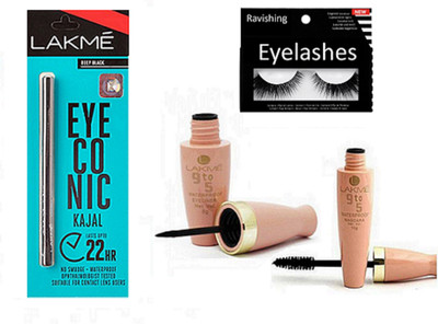 

ravishing Eyelashes, Lakme eyeconic deep black kajal, 9 to 5 eyeliner and mascara(Set of 4)
