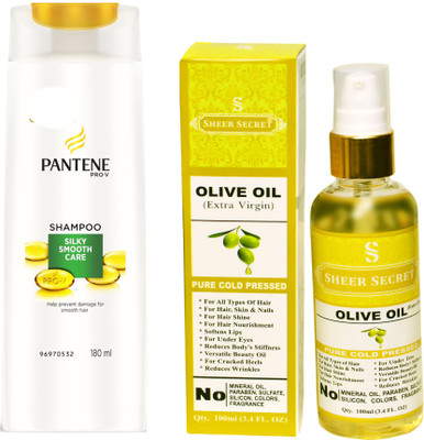 

SHEER SECRET OLIVE OIL 100ML (PURE COLD PRESSED) and PANTENE 180 ML SILKY SMOOTH CARE SHAMPOO(Set of 2)