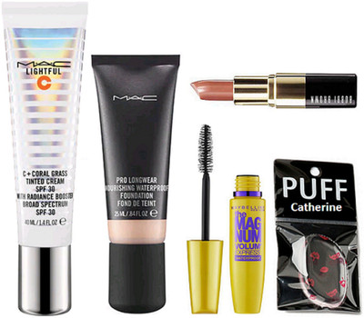 

catherine silicon puff, Mac lightful tinted cream, pro long wear foundation, the mag num masacara, bobbi brown lipstick(Set of 5)