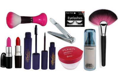 

POWER POINT eyelashes, mac lipstick ,liner & mascara, pond's miracle day cream , mac match master foundation nail cutter , makeup brush ( set of 10 )(Set of 10)