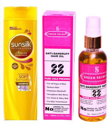 

SHEER SECRET ANTI DANDRUFF OIL 100ML (PURE COLD PRESSED) and SUNSILK NOURISHING SOFT AND SMOOTH SHAMPOO 340 ML(Set of 2)