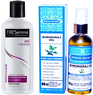 

SHEER SECRET BHRINGRAJ OIL 100ML (PURE COLD PRESSED) and TRESEMME 190 ML SALON SILK MOISTURE CONDITIONER(Set of 2)
