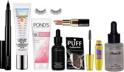 

catherine silicon puff, Mac lightful tinted cream, hyper real foundation, pen eyeliner, prep+prime primer oil bobbi brown lipstick, the mag num mascara, ponds white beauty spot-less face wash,(Set of 9)
