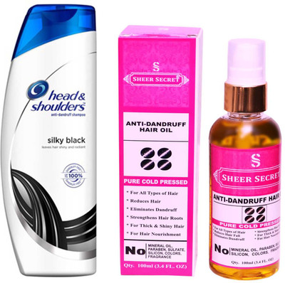 

SHEER SECRET ANTI DANDRUFF OIL 100ML (PURE COLD PRESSED) and HEAD & SHOULDERS 360 ML SILKY BLACK SHAMPOO(Set of 2)