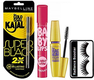 

radiance booster Eyelashes & Maybelline The Magnum Volume Express Mascara & Baby Lip Balm & Super Black Kajal(Set of 4)