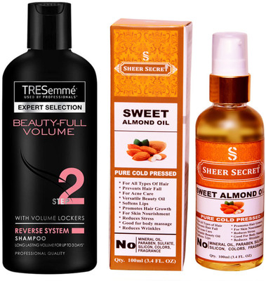 

SHEER SECRET SWEET ALMOND OIL 100ML (PURE COLD PRESSED) and TRESEMME 190 ML BEAUTIFULL VOLUME SHAMPOO(Set of 2)