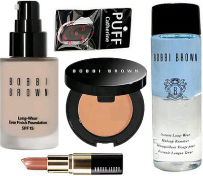 

catherine silicon puff, Bobbi brown long-wear even finish foundation, corrector concealer, lipstick, makeup remover(Set of 5)