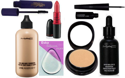 

eska Silicon Puff,Mac Compact,Hyper Real Foundation, Lady Gaga Matte Lipstick,Liquid Eyeliner&Padma Liquid Mascara(Set of 6)
