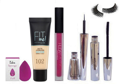 

eska Sponge Puff & Fit Me Foundation,Beauty Lip Gloss,Mac Brooke Candy Liner,Mascara,Eyelashes(Set of 6)