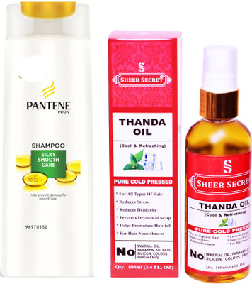 

SHEER SECRET THANDA OIL 100ML (PURE COLD PRESSED) and PANTENE SILKY SMOOTH CARE SHAMPOO 340 ML(Set of 2)