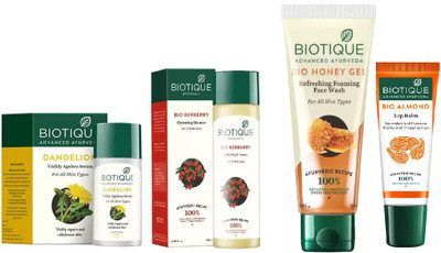 

BIOTIQUE BIO Dandelion Ageless Lightening Serum, BERBERRY HYDRATING CLEANSER FOR ALL SKIN TYPES, Honey Gel Face Wash, LIP CARE(Set of 4)