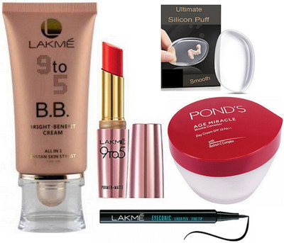 

Ultimate Silicon puff, Lakme 9to5 BB Bright Benefit Cream, pen eyeliner, Primer Matte Lipstick & Pond's age miracle day cream(Set of 4)