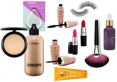 

jenney silicon puff, mac face & body foundation , compact , lipsticks, farsali , lakme 9 to 5 liner & mascara , body lotion , brush with eyelashes(Set of 11)