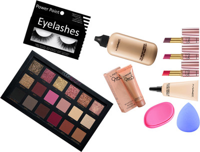 

POWER POINT Eyelashes&Huda Beauty Rose gold Eyeshadow Palette&Face&Body Foundation&Select Coverup Cache Cernes&Lakme Primer Matte Lipstick Pack Of 3&9to5 Mousse 6gm(Set of 10)