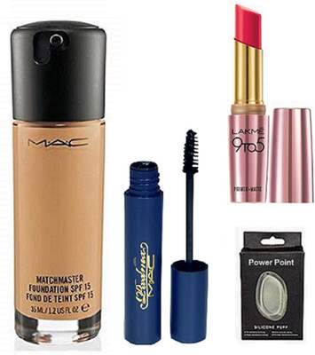 powerpoint PUFF, MAC MATCHMASTER foundation & padma mascara & LAKME 9 TO 5 LIPSTICK(Set of 4)