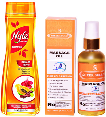 

SHEER SECRET MASSAGE OIL 100ML (PURE COLD PRESSED) and NYLE 400 ML DAMAGE REPAIR SHAMPOO(Set of 2)