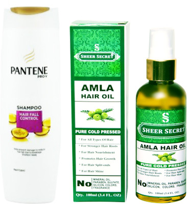 

SHEER SECRET AMLA OIL 100ML (PURE COLD PRESSED) and PANTENE 180 ML HAIR FALL CONTROL SHAMPOO(Set of 2)