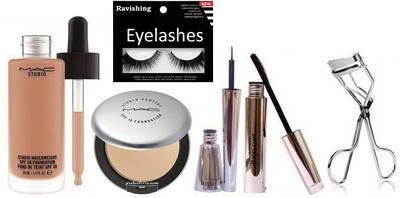 

ravishing Eyelashes , Mac Studio Water weight Foundation , Brooke Candy Liner ,Mascara ,Eyelashes Curler with Silver Compact(Set of 6)