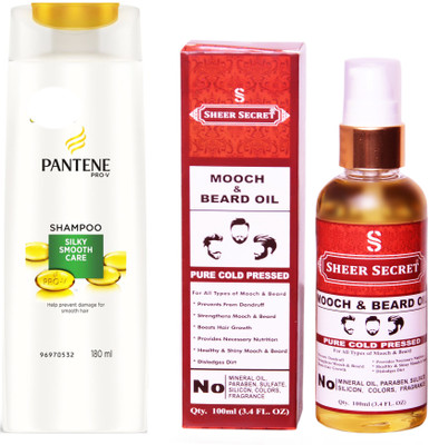 

SHEER SECRET MOOCH AND BEARD OIL 100ML (PURE COLD PRESSED) and PANTENE 180 ML SILKY SMOOTH CARE SHAMPOO(Set of 2)