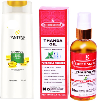 

SHEER SECRET THANDA OIL 100ML (PURE COLD PRESSED) and PANTENE 180 ML SILKY SMOOTH CARE SHAMPOO(Set of 2)