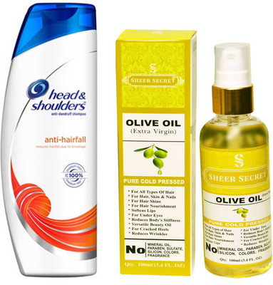 

SHEER SECRET OLIVE OIL 100ML (PURE COLD PRESSED) and HEAD & SHOULDERS 360 ML ANTI HAIRFALL SHAMPOO(Set of 2)