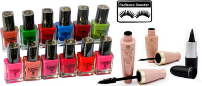 

radiance booster Eyelashes & Mac Nail Paint (Pack Of 12) & Lakme 9 to 5 Water proof Eyeliner+Mascara & Stick Kajal(Set of 16)