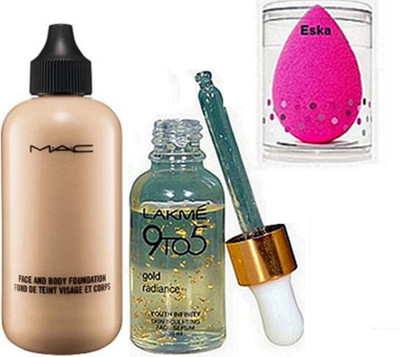 

eska Sponge puff, MAC face & body foundation & LAKME 9 to 5 Gold Radiance serum(Set of 3)