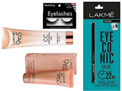 

ravishing Eyelashes, Lakme Eyeconic kajal & 9 TO 5 Mousse foundation, cc cream(Set of 4)