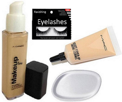 

ravishing Eyelashes, silicon puff, Mac makeup foundation & select cover up concealer(Set of 4)