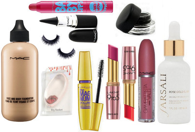 

big Basket Silicon Puff & Mac Face And Body Foundation & Stick Kaj & Padma Mascara & Gel Eyeliner & LAkme 9 To 5 2 Shade Lipstick (set of 2) & GAimbattista Vali Gloss & Farsali Face Serum & Baby Lipbalm & Eyelashes(Set of 11)