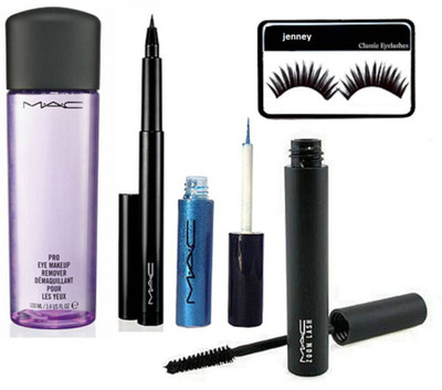 

jenney Eyelashes, Mac EyeMake Up Remover Water (Multi Color), Pen Eyeliner, Gliter Eyeliner, Mascara(Set of 5)