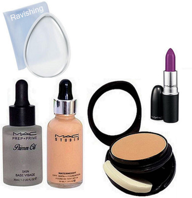 

ravishing puff , Mac Studio Waterweight Foundation, Two Way Compact, Prep+Prime Primer Oil, Lipstick(Set of 5)