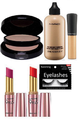 

ravishing Eyelashes, MAC face & body foundation & mineralize concealer & two way compact & LAKME 9 t0 5 lipstick in 2 shades(Set of 6)