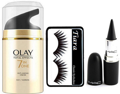 

tiara Eyelashes,Mac Stick kajal , Olay Total Effects 7 in one Anti Agening Cream(Set of 3)