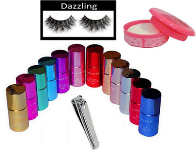 

dazzling Eyelashes & Lakme Mirror Shimmer Multi Shades Nail Paints Set Of 12 with Nail Paint Remover & Nail Cutter(Set of 15)