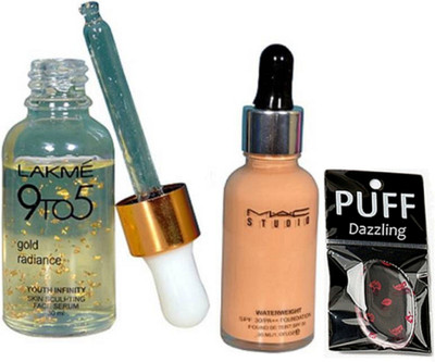 

Dazzling Silicon puff with mac studio waterweight foundation with lakme 9to 5 gold radince face serum(Set of 3)