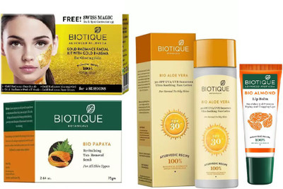 

BIOTIQUE BIO Gold Radiance Facial Kit, Bio Papaya Revitalizing Tan Removal Scrub, Bio Aloe Vera Ultra Soothing Face Lotion SPF 30 UVA/UVB Sunscreen, LIP CARE(Set of 4)