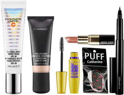 

catherine silicon puff, Mac lightful tinted cream, pro long wear foundation, pen eyeliner, the mag num, bobbi brown lipstick(Set of 6)