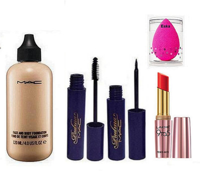 

eska Sponge puff, MAC face & body foundation & padma eyeliner & mascara & LAKME lipstick(Set of 5)