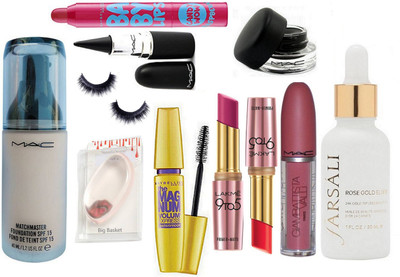 

big Basket Silicon Puff & Mac Matchmaster Foundation & Stick Kaj & Padma Mascara & Gel Eyeliner & LAkme 9 To 5 2 Shade Lipstick (set of 2) & GAimbattista Vali Gloss & Farsali Face Serum & Baby Lipbalm & Eyelashes(Set of 11)