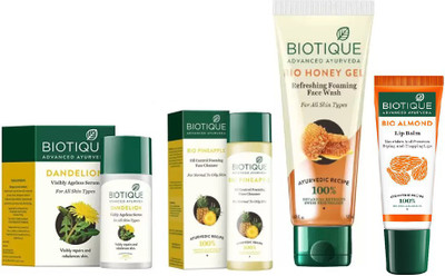 

BIOTIQUE BIO Dandelion Ageless Lightening Serum, PINEAPPLE OIL CONTROL FACE CLEANSER, Honey Gel Face Wash LIP CARE(Set of 4)