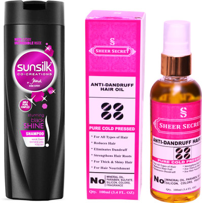 

SHEER SECRET ANTI DANDRUFF OIL 100ML (PURE COLD PRESSED) and SUNSILK 180 ML STUNNING BLACK SHINE SHAMPOO(Set of 2)