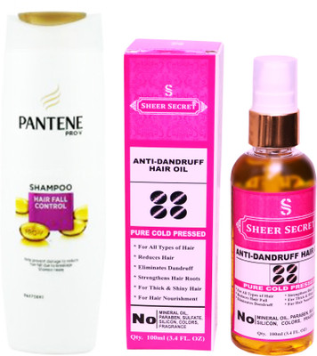 

SHEER SECRET ANTI DANDRUFF OIL 100ML (PURE COLD PRESSED) and PANTENE HAIR FALL CONTROL SHAMPOO 340 ML(Set of 2)