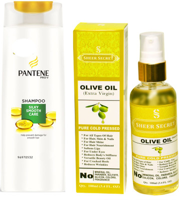 

SHEER SECRET OLIVE OIL 100ML (PURE COLD PRESSED) and PANTENE SILKY SMOOTH CARE SHAMPOO 340 ML(Set of 2)