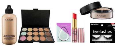 

ravishing Eyelashes , Mac Face & Body Foundation , 15 shade caonceler pallete , Loose poudre with Silicon Puff & Lakme 9 to 5 Lipstick(Set of 6)