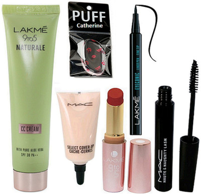 

catherine silicon puff, Mac select coverup concealer, haute and naughty mascara, lakme 9to5 natural CC cream, finish matte lipstick, eyeconic pen eyeliner,(Set of 6)