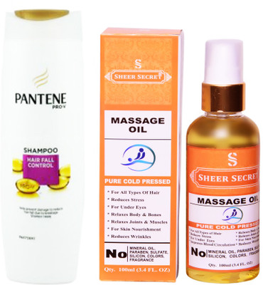 

SHEER SECRET MASSAGE OIL 100ML (PURE COLD PRESSED) and PANTENE 180 ML HAIR FALL CONTROL SHAMPOO(Set of 2)